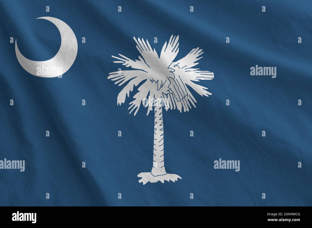 South Carolina US state flag depicted on folded wavy fabric of old ...