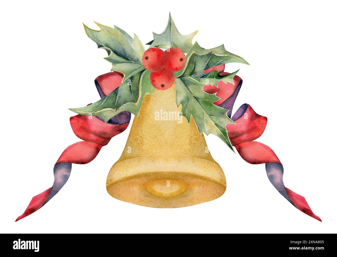 Christmas bell, gold ornament with red ribbon bow, holly leaves berries ...