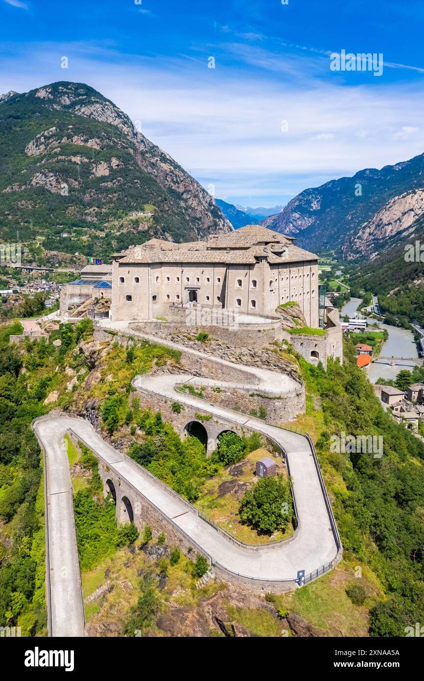 Aerial view of the imposing fortress of Forte di Bard in summer. Bard, Aosta Valley, Italy, Europe. Stock Photo