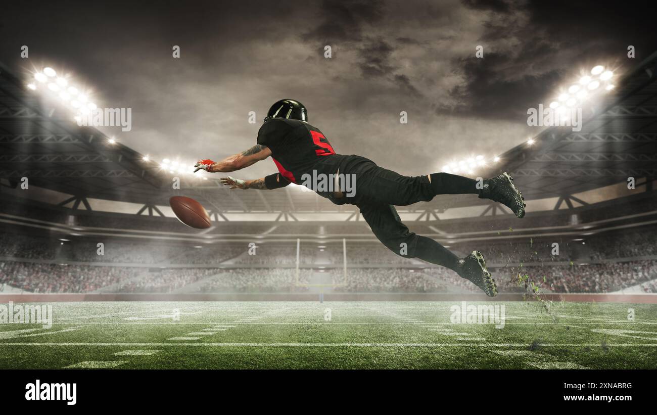 Focused and determined American football player in motion on open air arena, catching ball under dramatic sky. 3D render of stadium Stock Photo