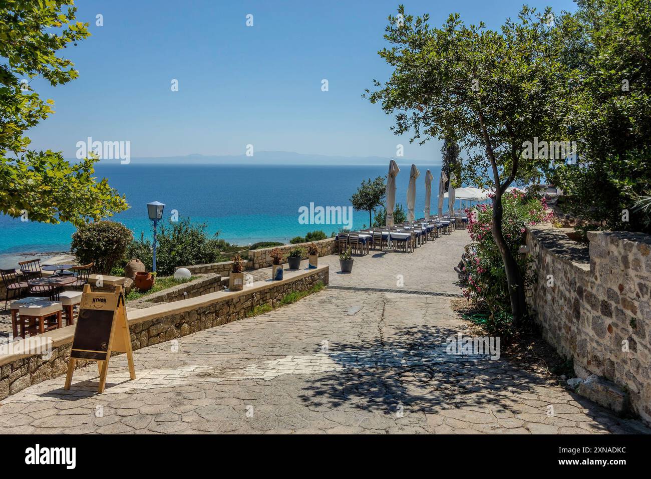 Afytos, Greece, July 15, 2024. Elevated view of Afitos beach. Stock Photo