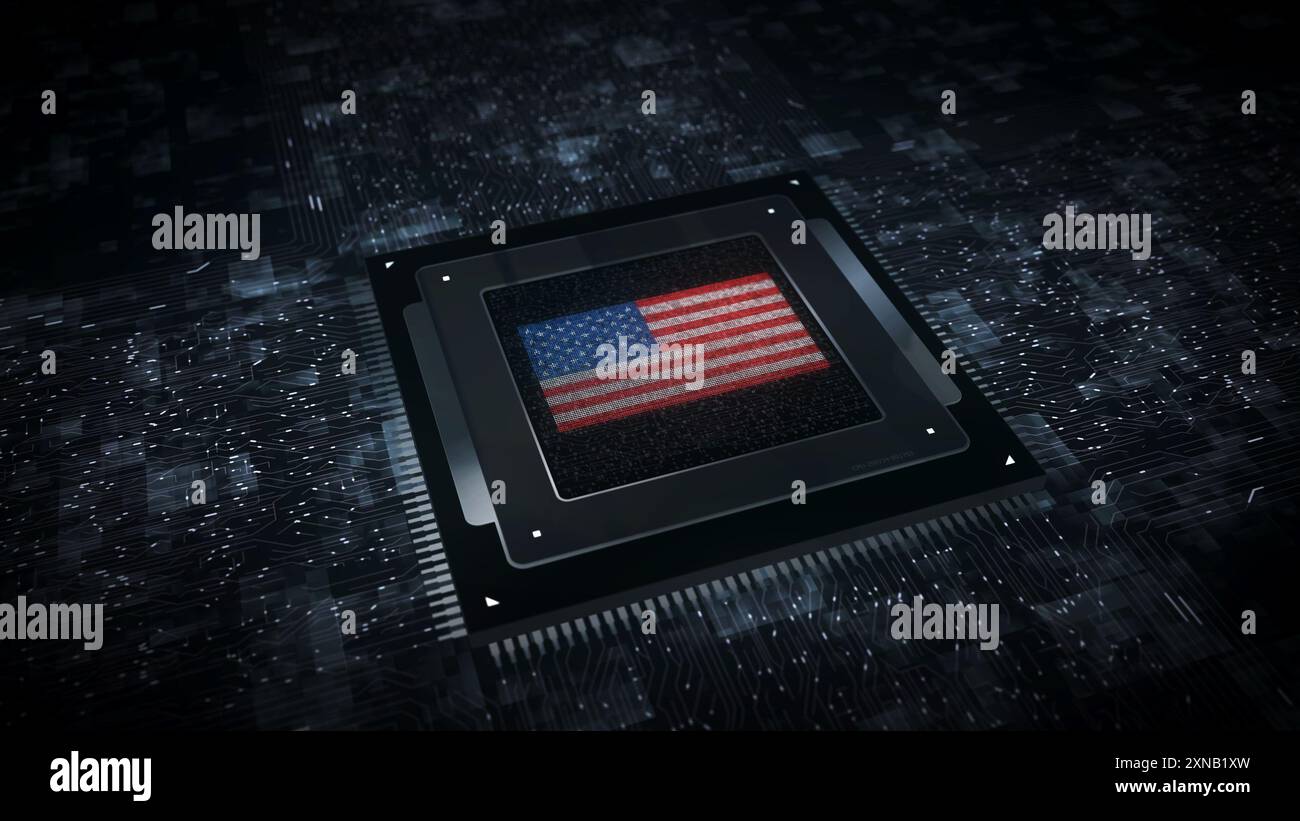 USA digital technology flag cyber on on computer CPU in background ...