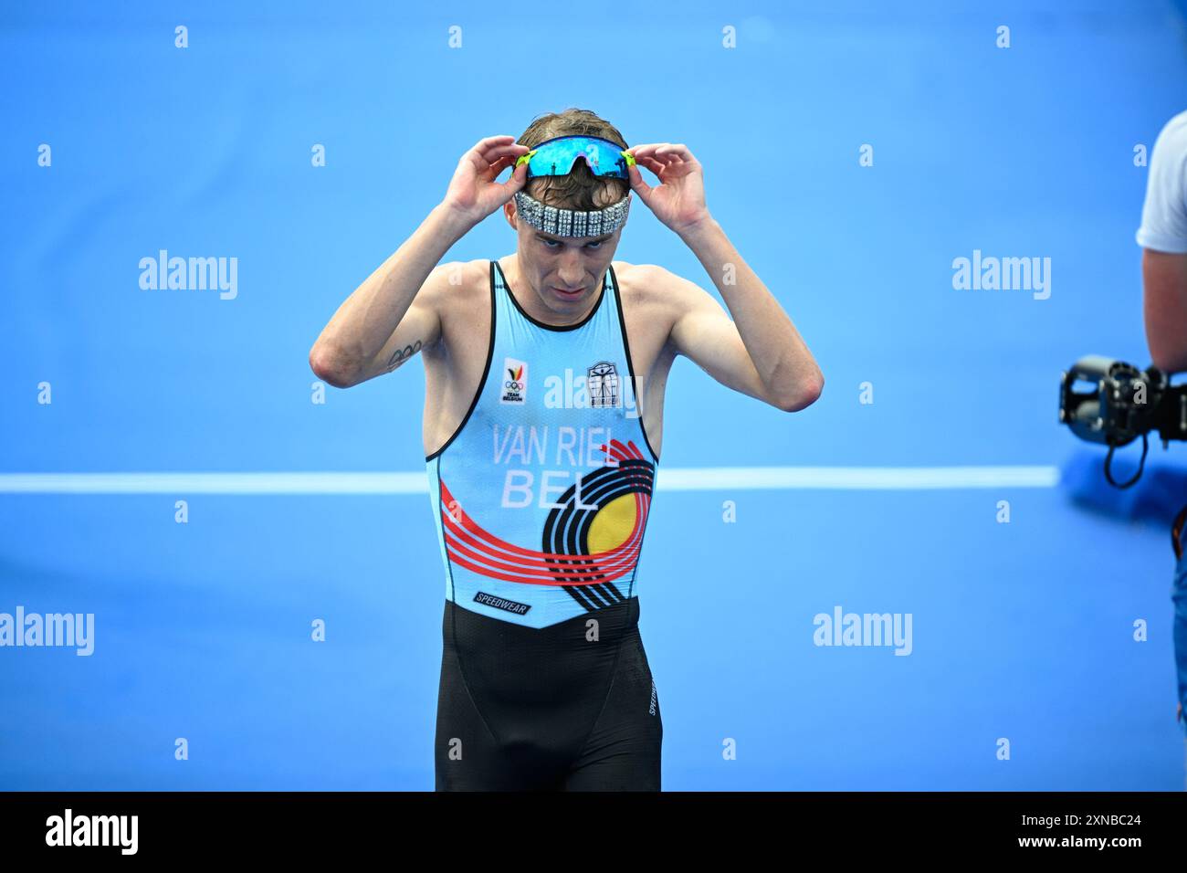 Paris, France. 31st July, 2024. Belgian Marten Van Riel reacts after ...