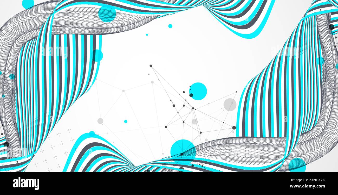 Abstract wavy background with colorful lines and wireframe wave. Hand drawn vector. Stock Vector