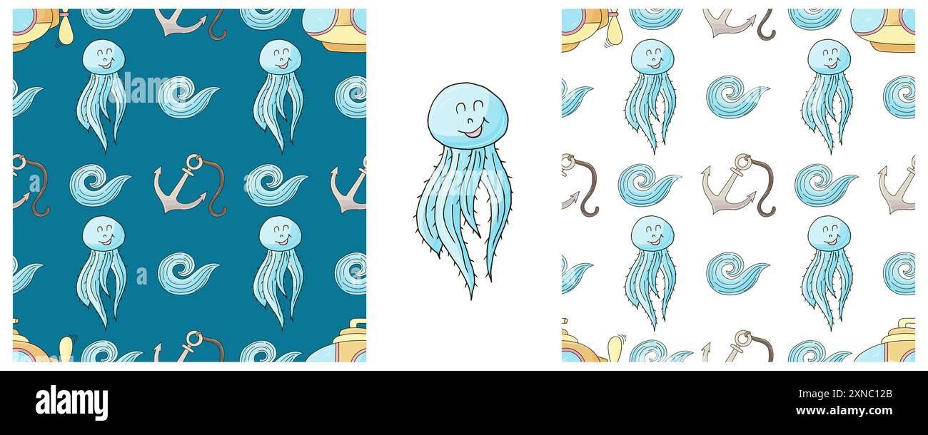 Anchor. Set Creative marine seamless patterns. Pattern in hand draw style, created for fabrics Stock Vector
