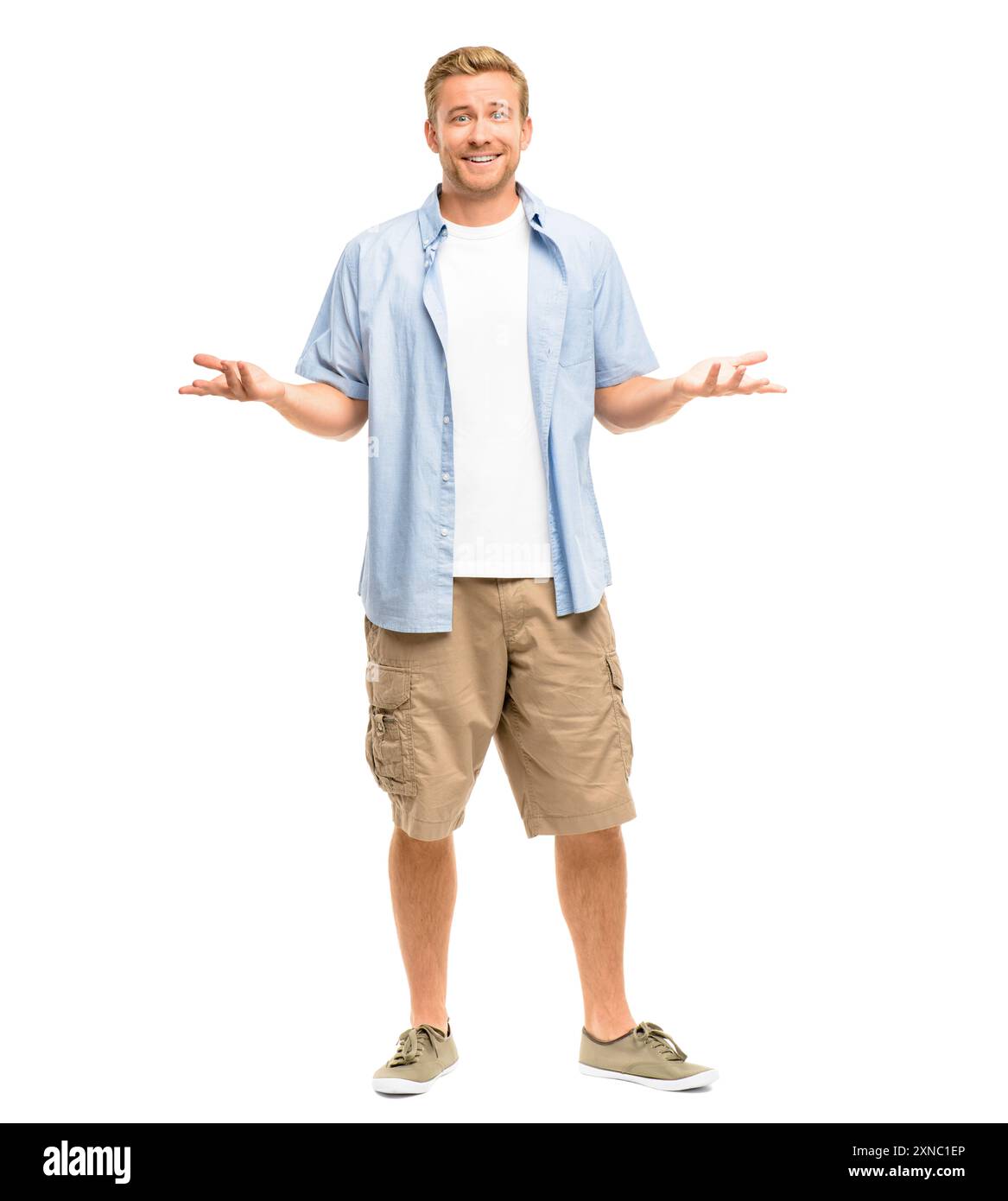 Studio, smile and portrait of woman with shrug for doubt, question and confused on white background. Uncertain, male person and shoulders with gesture Stock Photo