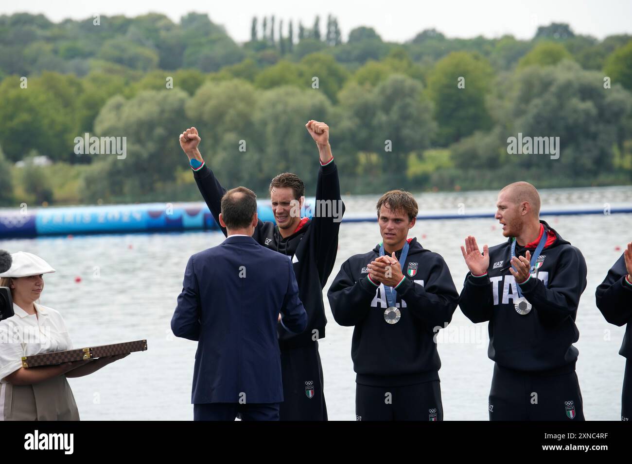 Silver medalists Italy's Giacomo Gentili, Andrea Panizza, Luca Rambaldi ...