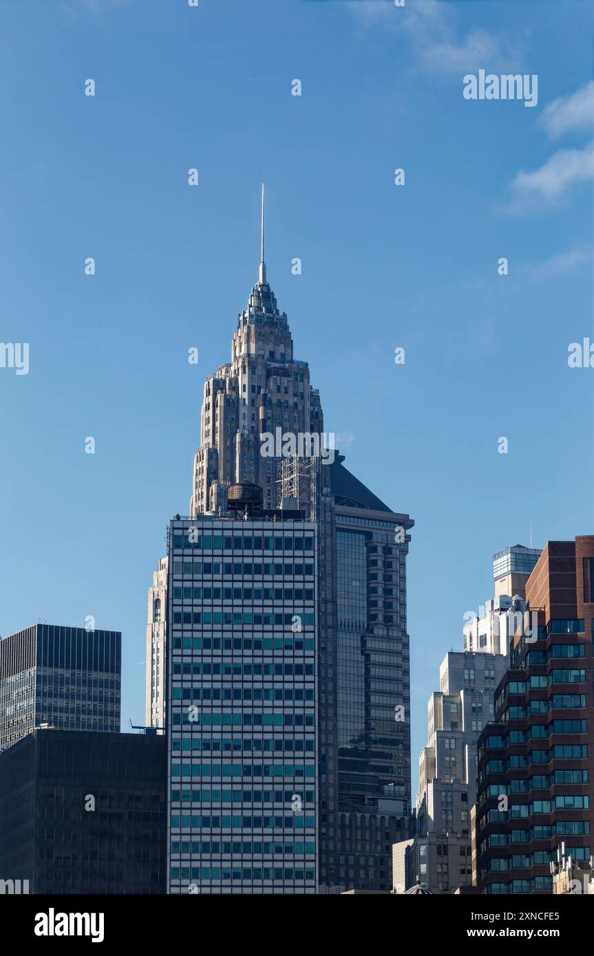 70 Pine Street’s needle spire is a Financial District landmark, Cities Service Building. The Art Deco skyscraper is now a hotel/apartment building. Stock Photo