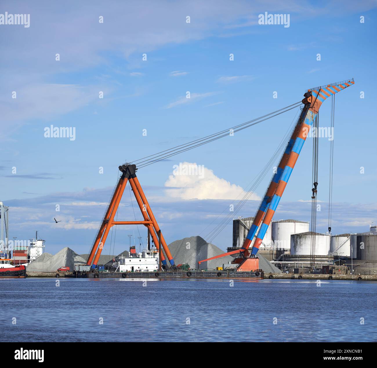 Supply chain, harbor and industrial crane at port for cargo transport ...
