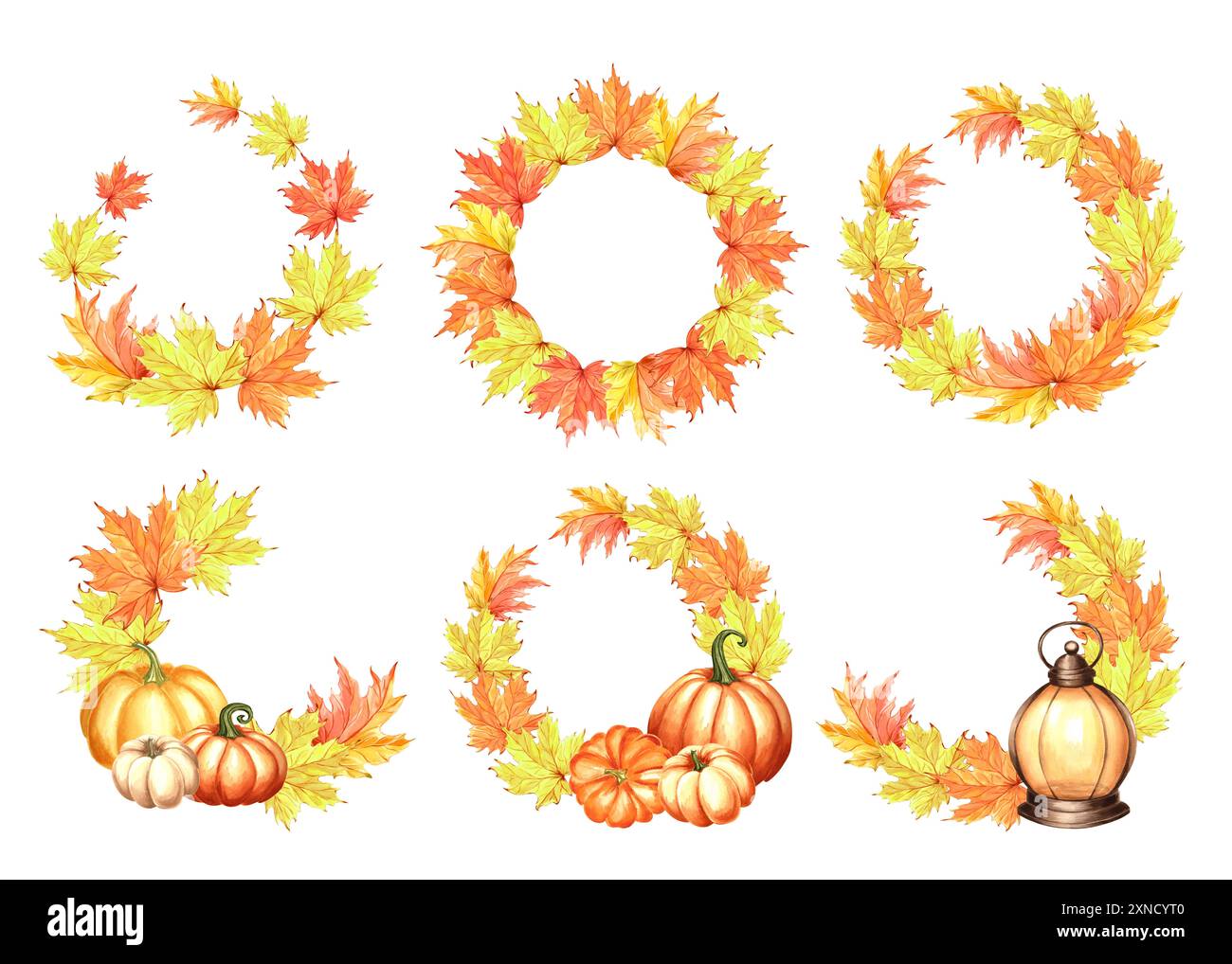 Autumn maple leaves frames. Set of hand drawn watercolor isolated ...