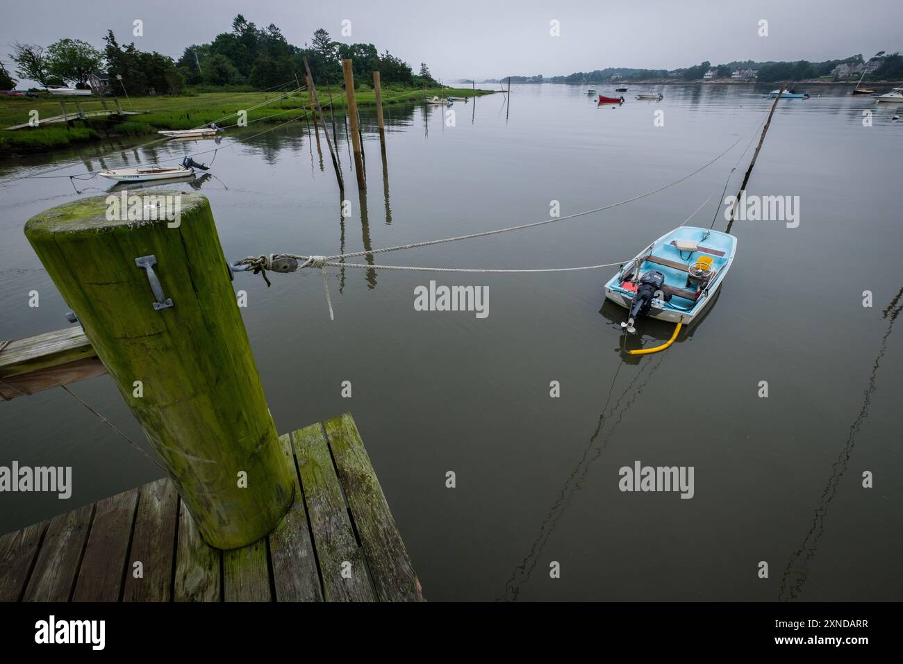 Moored boats near Joshua Point, Leete's Island, on Long Island Sound, Guilford. CT, New England, USA. Stock Photo