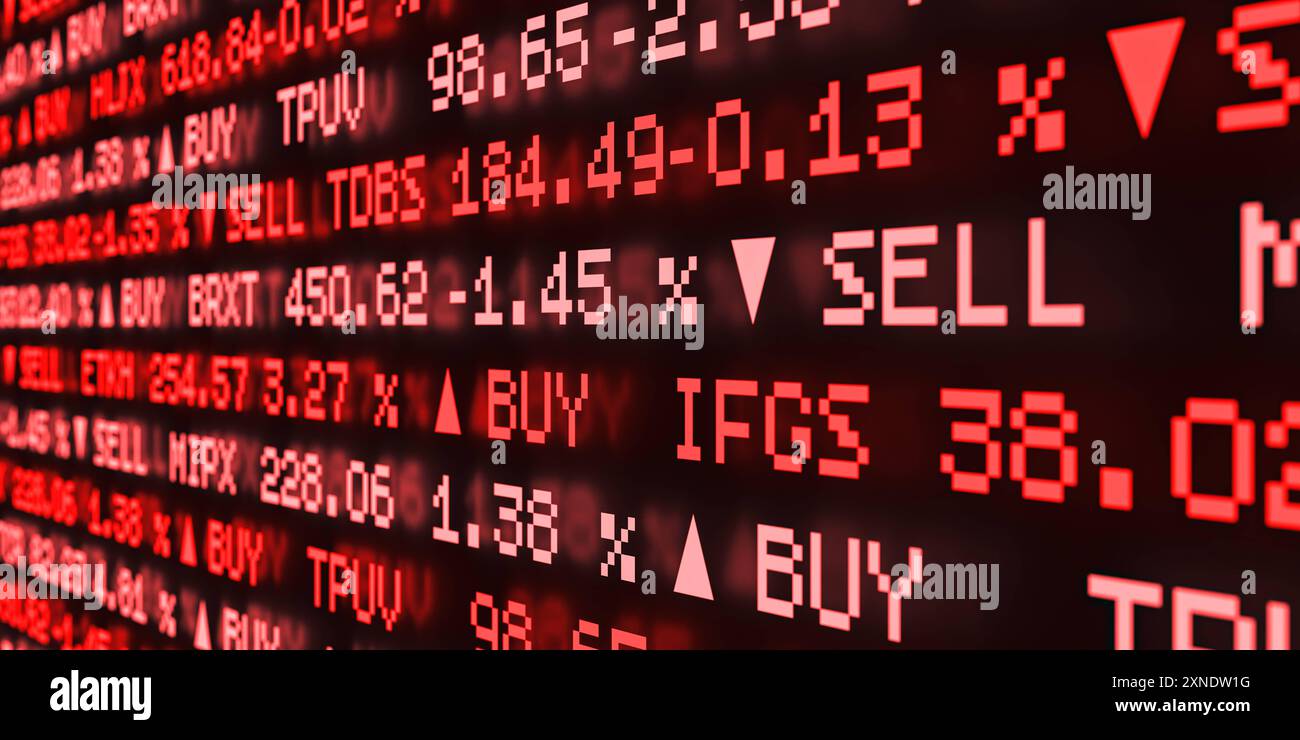 Abstract ticker with stock market prices colored in red. Abstract ticker with stock market prices percentage changes buy and sell sign colored in red. Business market research ticker tape financial fi...