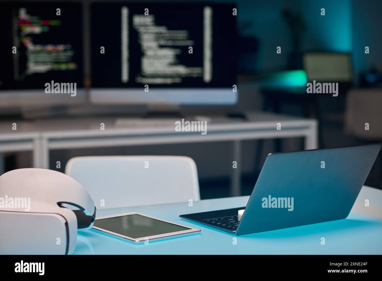 Background image of open laptop at minimal workplace table in IT ...