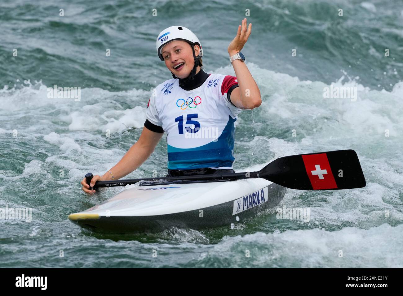Alena Marx of Switzerland reacts in the finish area of the women's