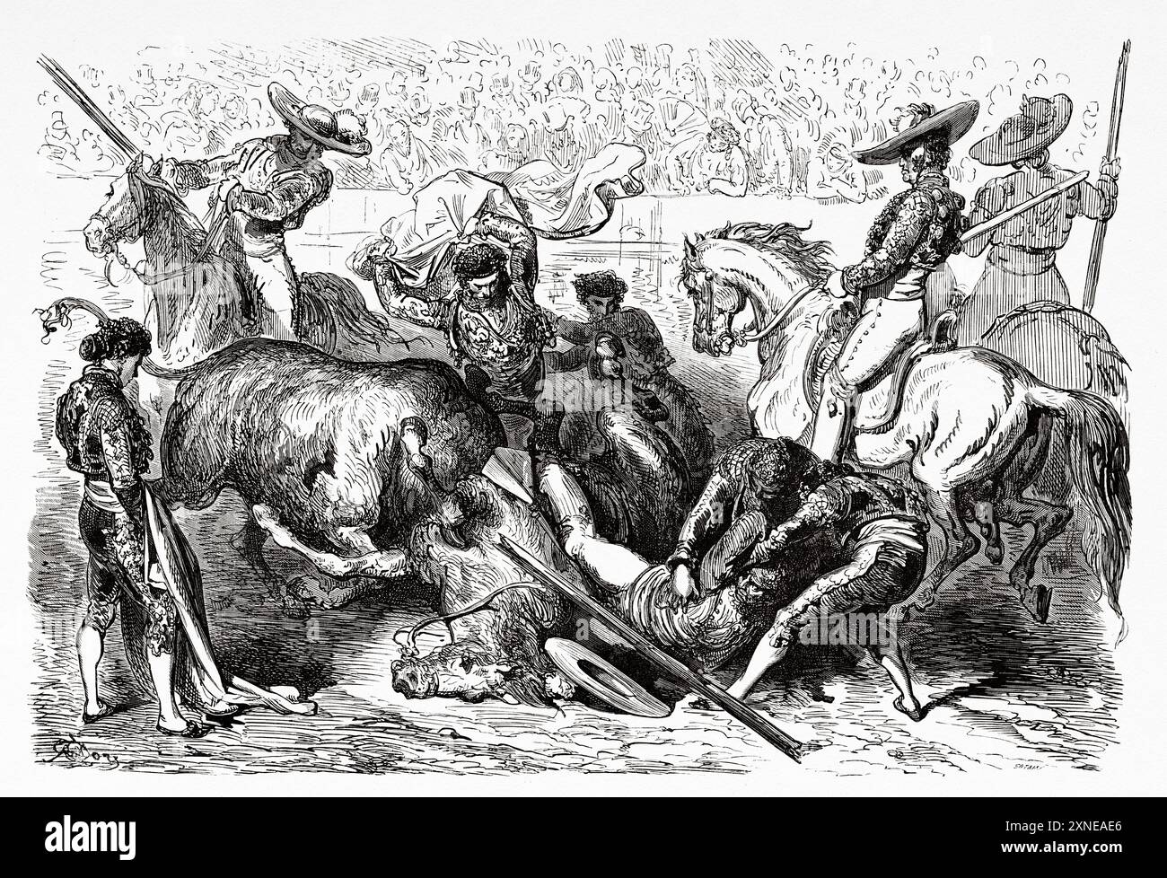 A picador unseated during a bullfight, Comunidad Valenciana. Journey to Spain, 1862 by Jean Charles Davillier (1823-1883) Drawing by Gustave Dore (1832-1883) Le Tour du Monde 1862 Stock Photo