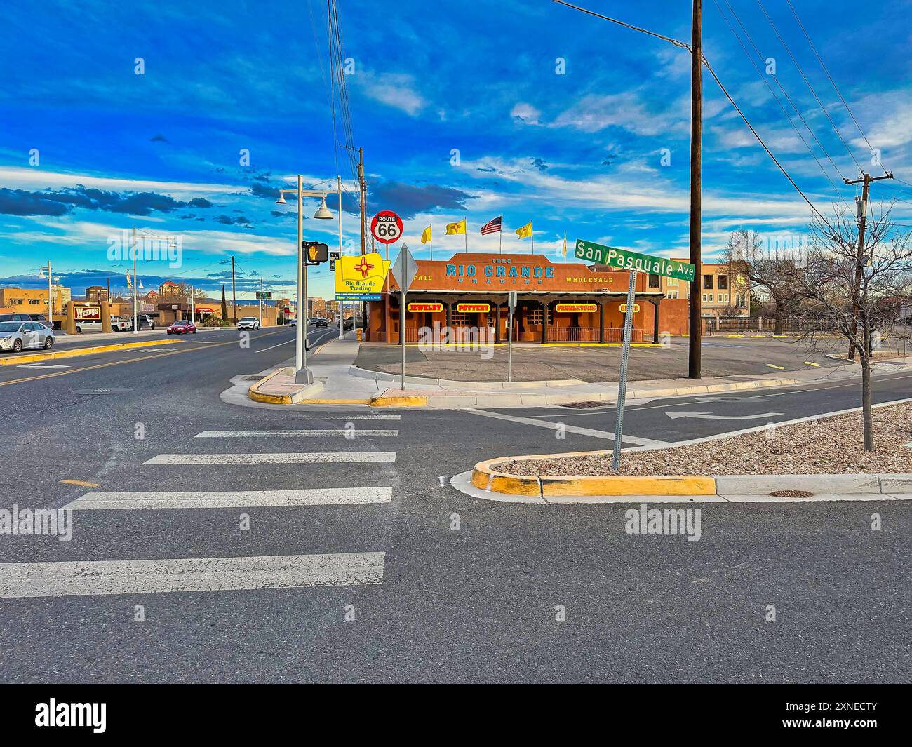 ALBUQUERQUE, NEW MEXICO, USA - March 8, 2023. Rio Grande Trading  Building. Shops and restaurant along Route 66 Stock Photo