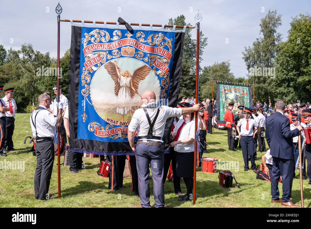 Ballyclare, Northern Ireland - August 27th, 2022: Royal Black Preceptory banner Kilwaughter, angel with sword, Biblical. Concept gospel, Christian. Stock Photo