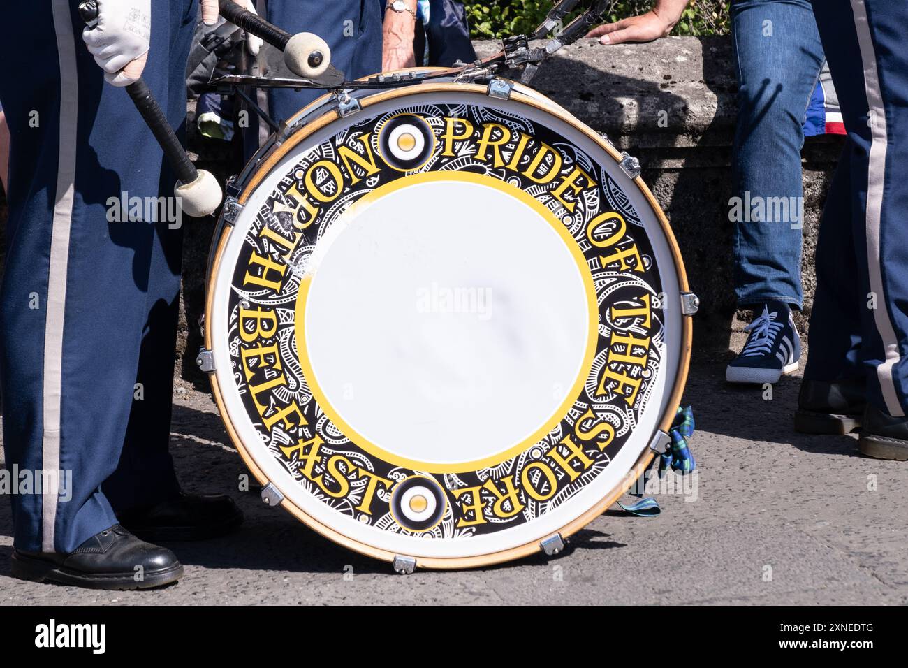 Ballyclare, Northern Ireland - August 27th, 2022: bass drum, Pride of the Shore Flute Band from North Belfast. Royal Black Institution demonstration. Stock Photo