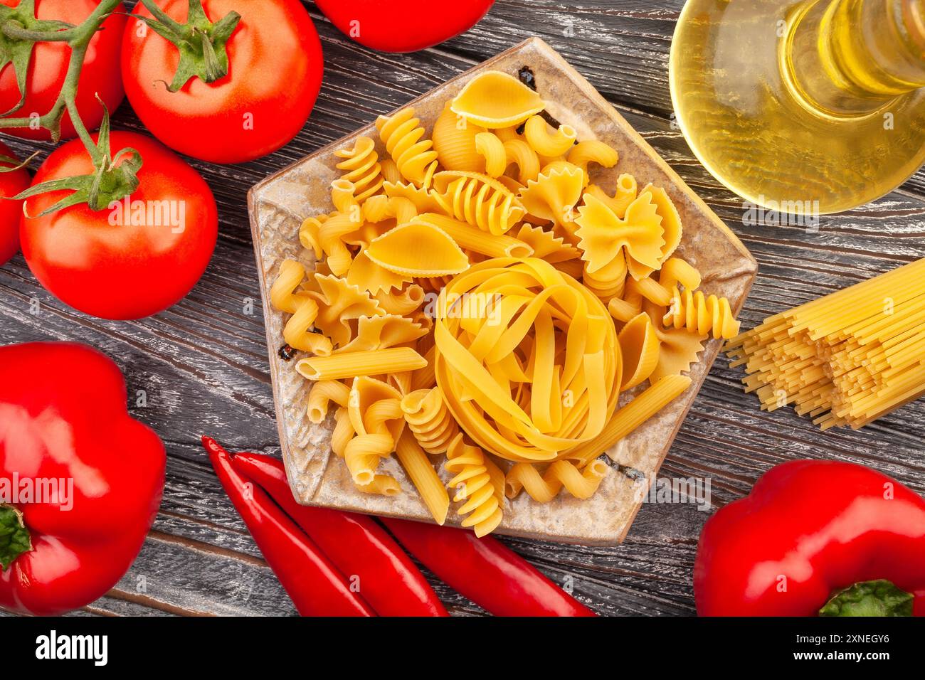 pasta mix on wood background top view Stock Photo