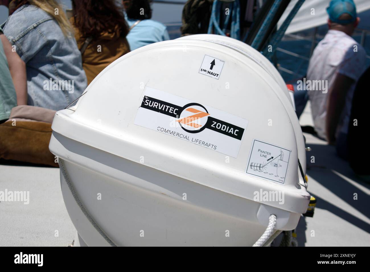 SURVITEC ZODIAC life raft canister on a passenger ship deck, safety ...