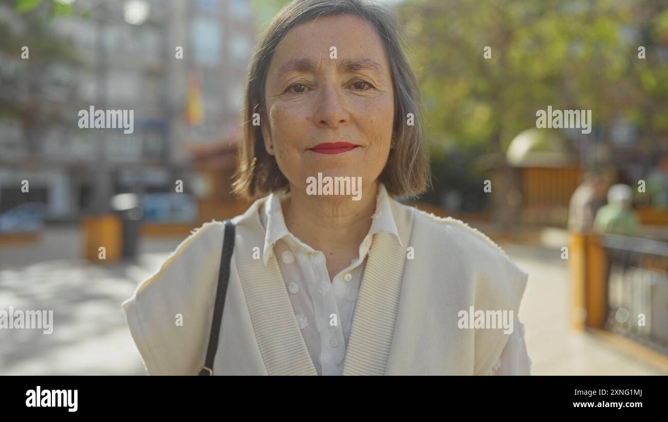 mature-woman-with-short-hair-enjoys-a-sunny-day-in-a-bustling-urban
