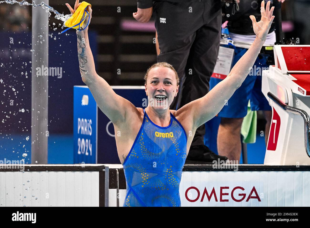 Paris, France. 31st July, 2024. Sarah Sjoestroem of Sweden celebrates