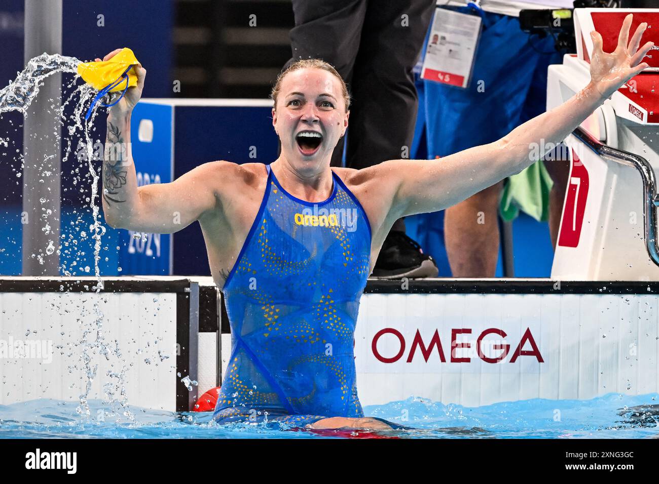 Paris, France. 31st July, 2024. Sarah Sjoestroem of Sweden celebrates