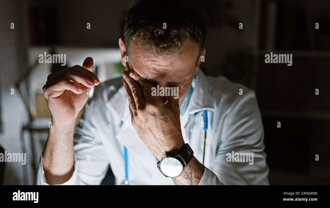 Worried male doctor in a hospital room showing signs of stress and ...