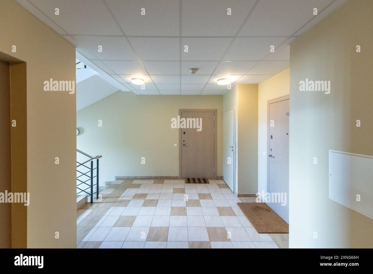 Home Entrance Hall. Corridor Interior. Wooden Outdoor Door. LED Light. Stock Photo