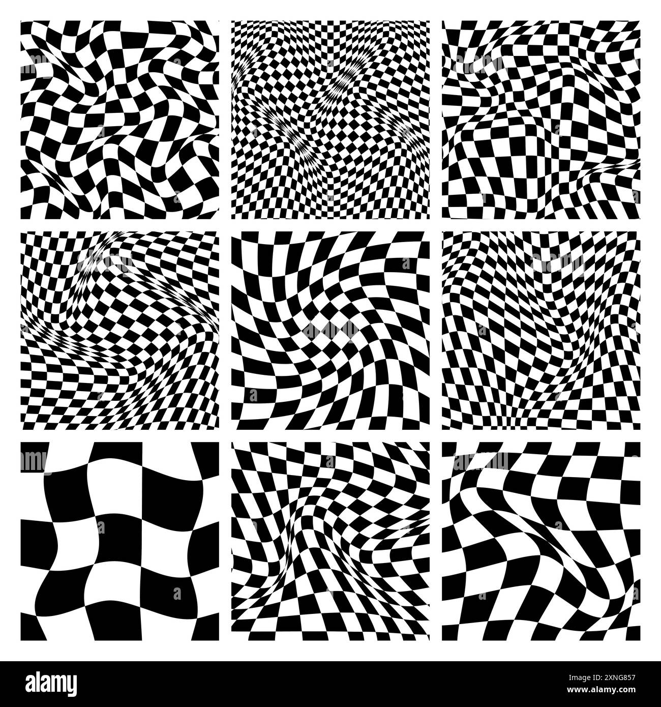 Trendy checkered pattern, black and white distorted tiled grid. Wavy curved backdrop, distortion effect. Funky geometric chessboard texture, retro Stock Vector