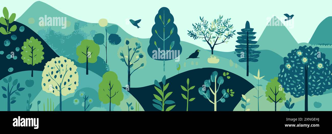 Abstract flat poster with trees birds and flowers. Minimalist simple ...