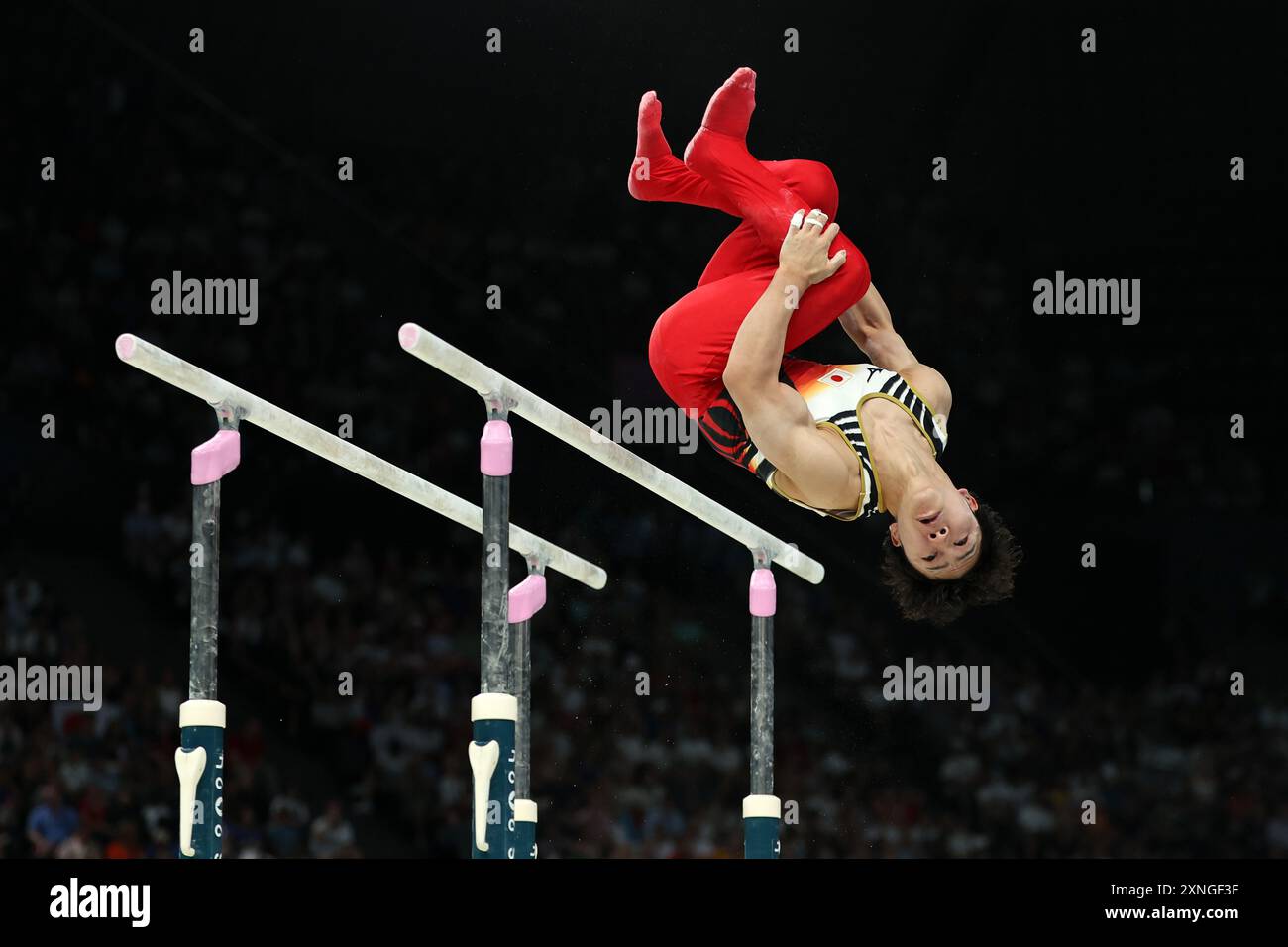 PARIS, FRANCE - JULY 31: Shinnosuke Oka of Japan competes on the parallel bars during the men's artistic gymnastics individual all-around final on day five of the Olympic Games Paris 2024 at Bercy Arena on July 31, 2024 in Paris, France. © diebilderwelt / Alamy Live News Stock Photo