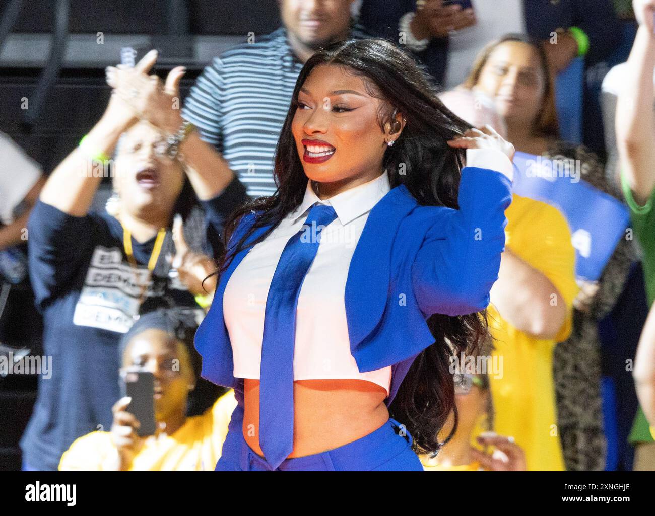 Atlanta, USA. 30th July, 2024. Megan Thee Stallion performs during a campaign rally in Atlanta, GA on July 30, 2024. Vice President Harris is the presumed Democratic nominee for president for the 2024 election after President Biden announced he was withdrawing from the race and endorsed Harris. (Photo by Lawrence Cooper/Sipa USA) Credit: Sipa USA/Alamy Live News Stock Photo