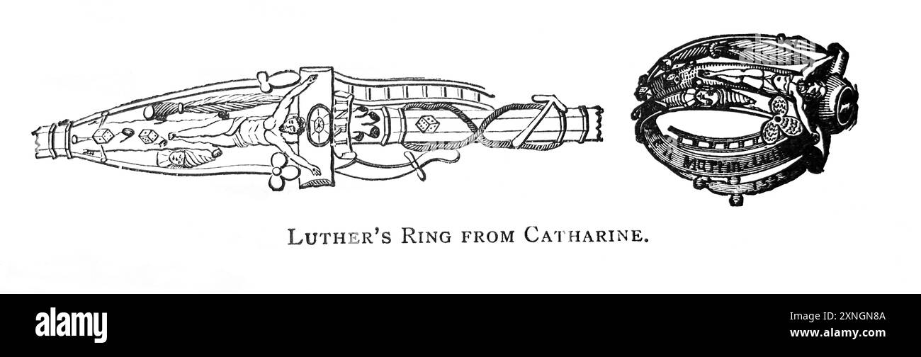 Diagram of Martin Luther's wedding Ring From his Wife Catharine Von Bora bearing the Figure of Jesus Christ Crucifixion and the Instruments of his Dea Stock Photo