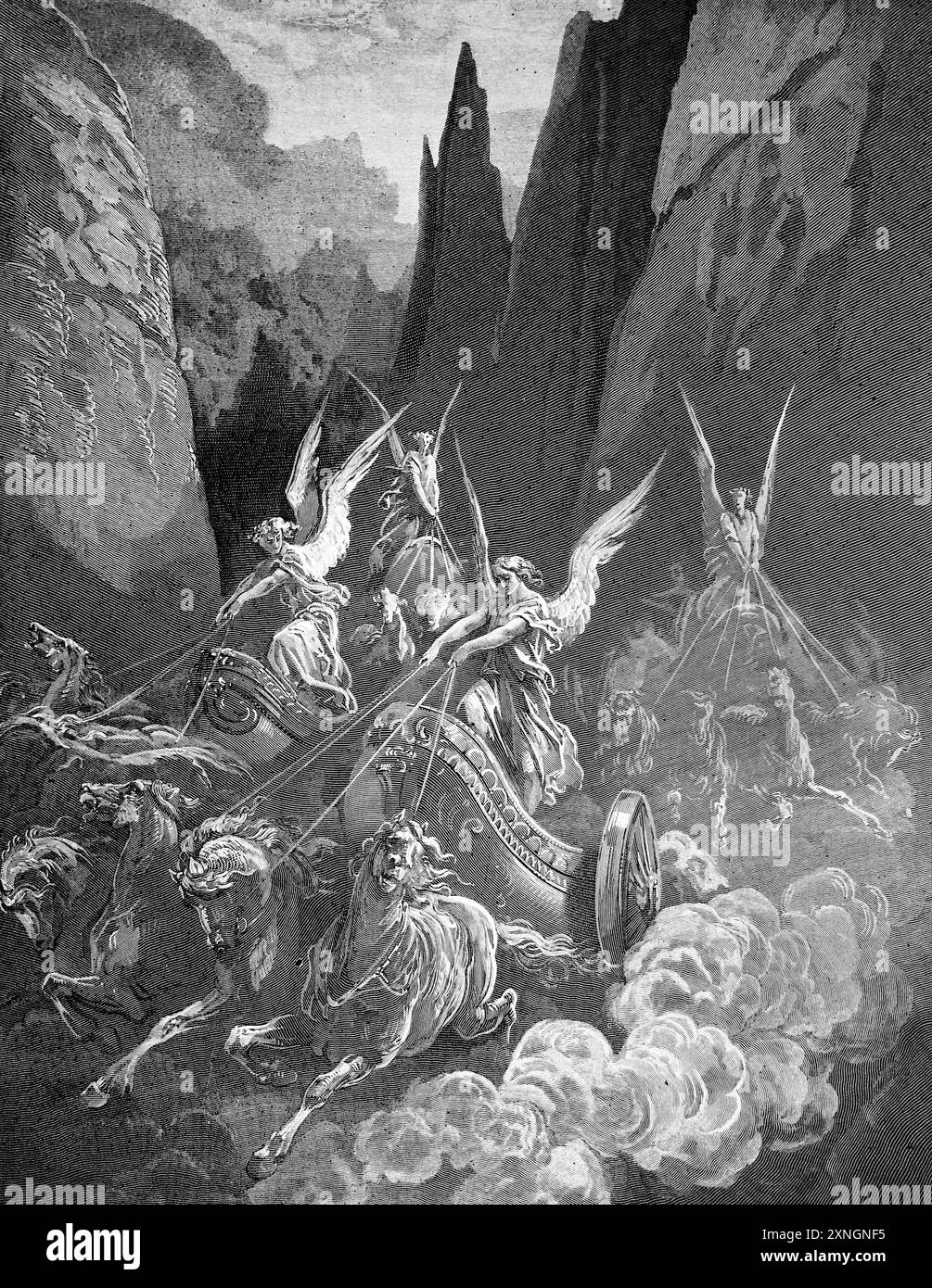 Wood Engraving of Zechariah's Vision of the Four Chariots (Zechariah 6:1) by Gustave Dore from Antique 19th Century Holy Bible Stock Photo