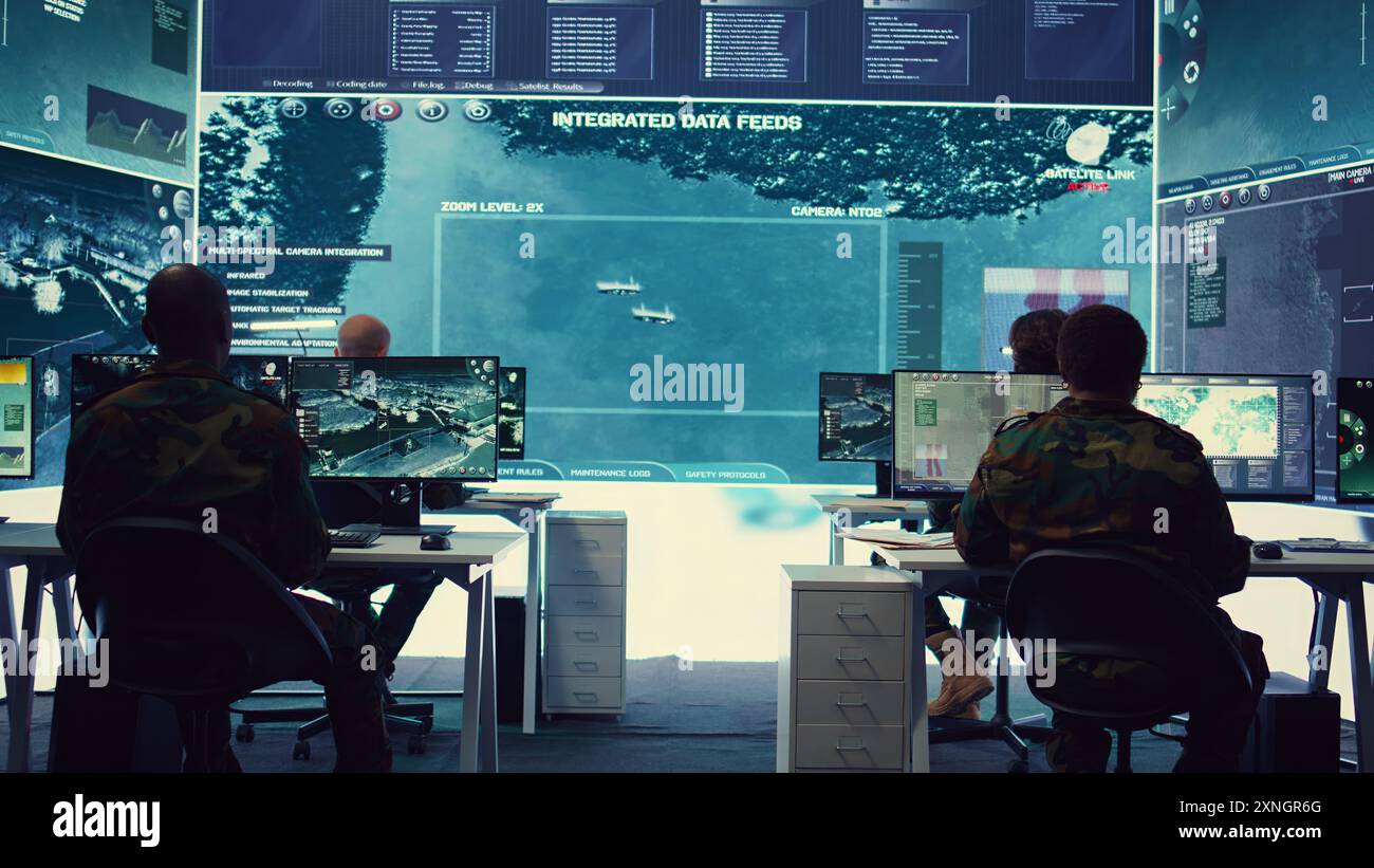 Group of soldiers managing air and sea traffic control for military ...