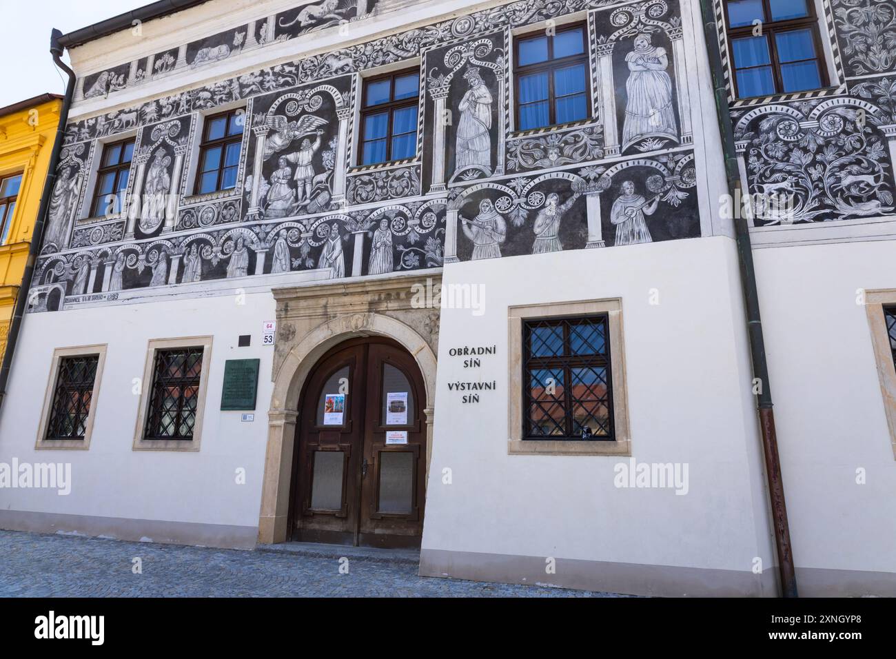 Trebic, Czech Republic. June 25, 2024. Painted House. One of the most beautiful Renaissance houses in Třebic Stock Photo