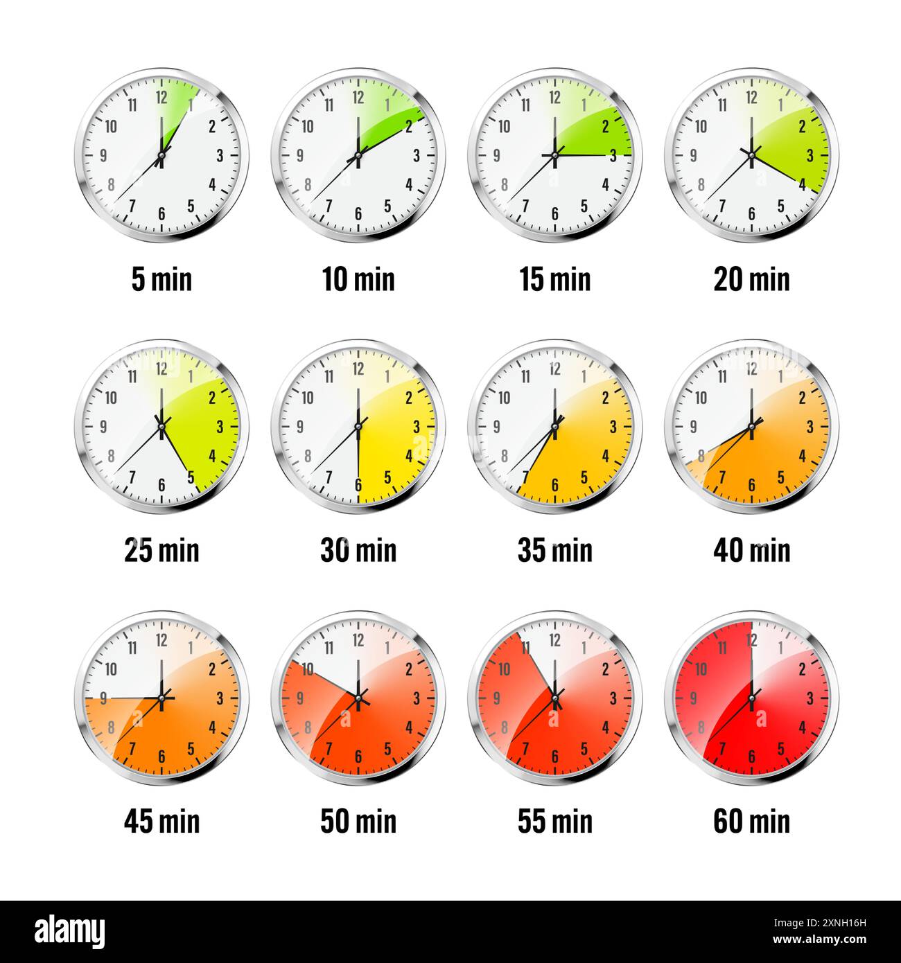 Wall clock, stopwatch icons. Shiny metal chronometer, time counter with ...