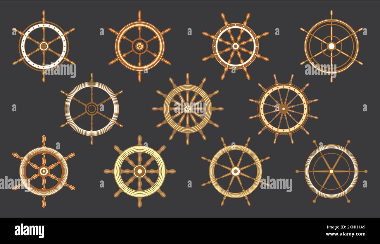 Wooden vintage steering wheels. Ship, sailboat or yacht retro wheel ...