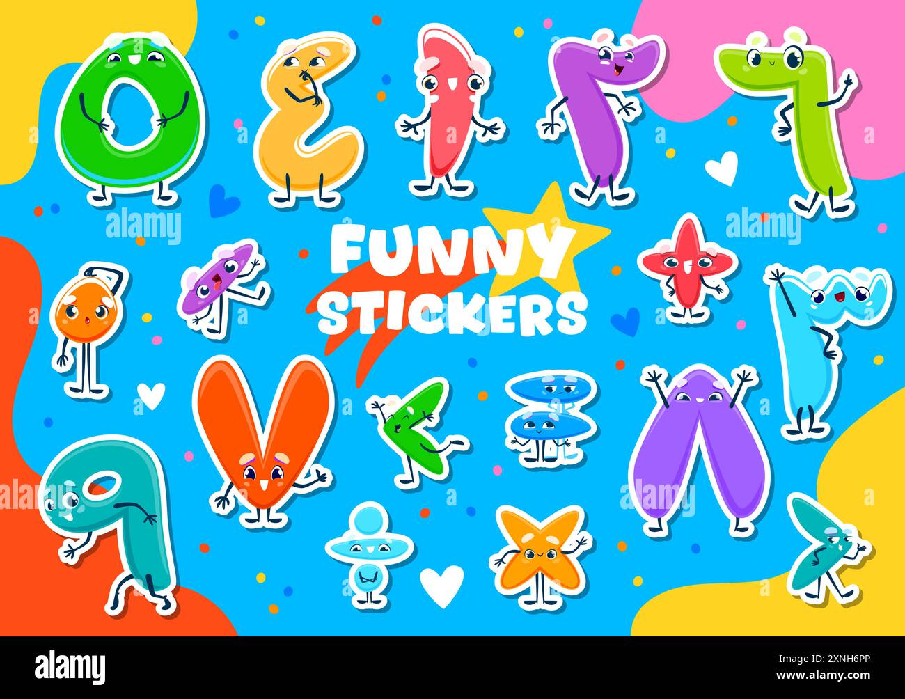 Arabic numbers numeral characters stickers isolated cartoon vector