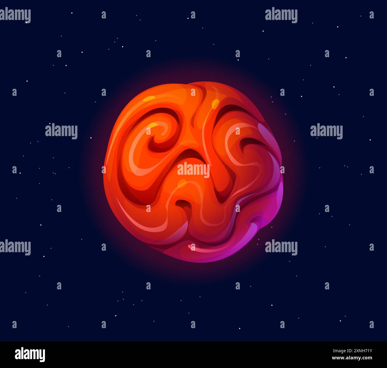 Cartoon fantasy alien space planet, galaxy game asset. Vector mysterious celestial body with swirling pattern on its surface. planet in shades of oran Stock Vector