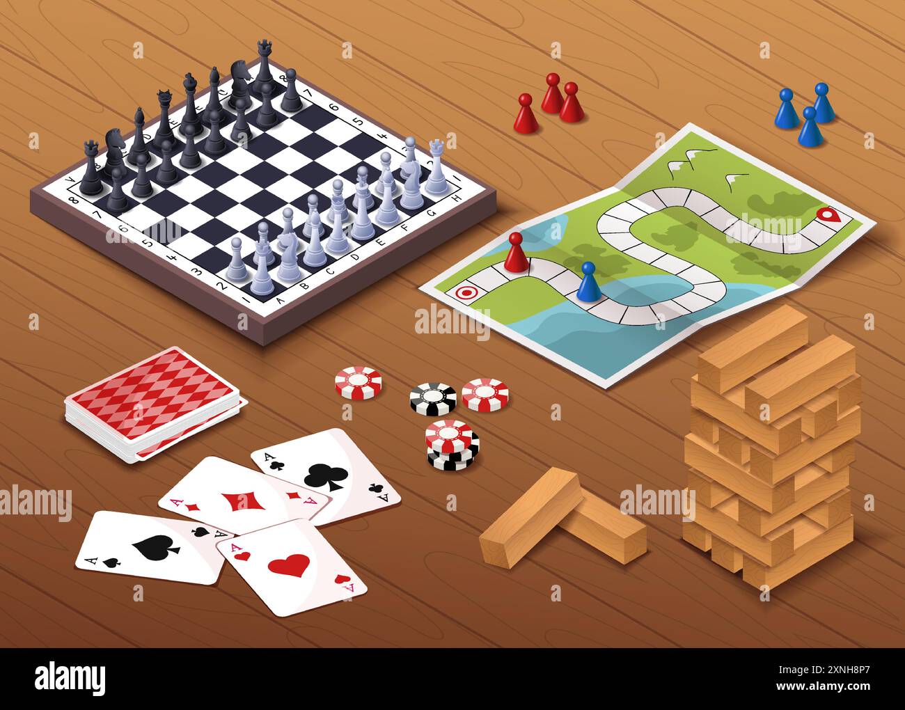 Isometric board games. Chess, playing cards and card with dice. Leisure, fun and entertainment. Chessboard with figures. Volumetric vector collection Stock Vector