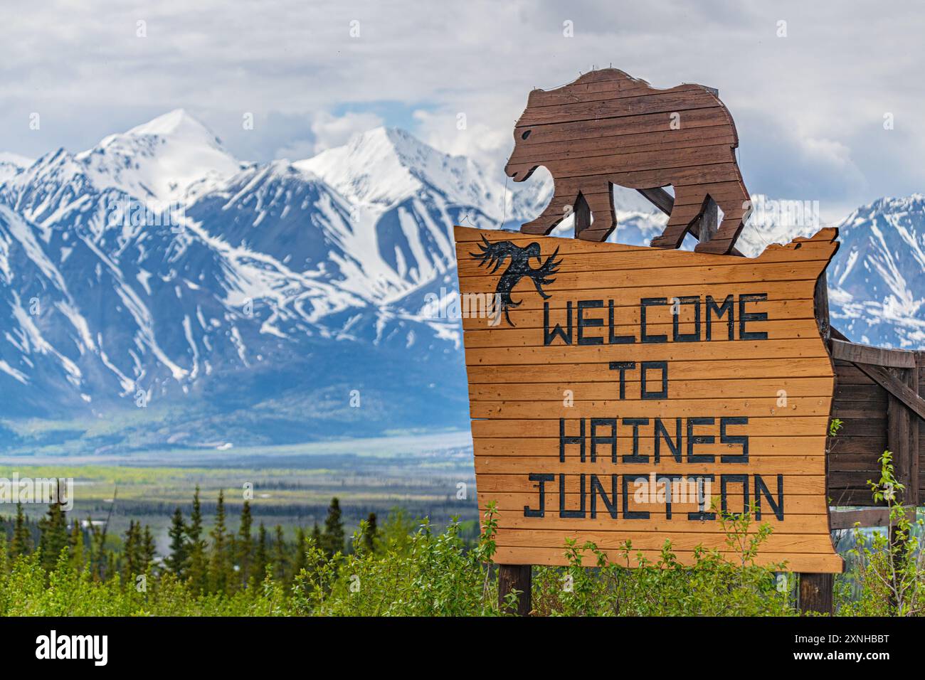 Spring time view Haines Junction in northern Canadian area with welcome ...