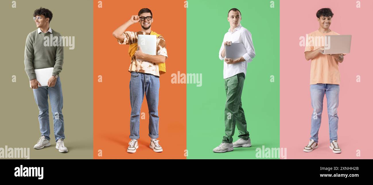 Group of young male programmers on color background Stock Photo