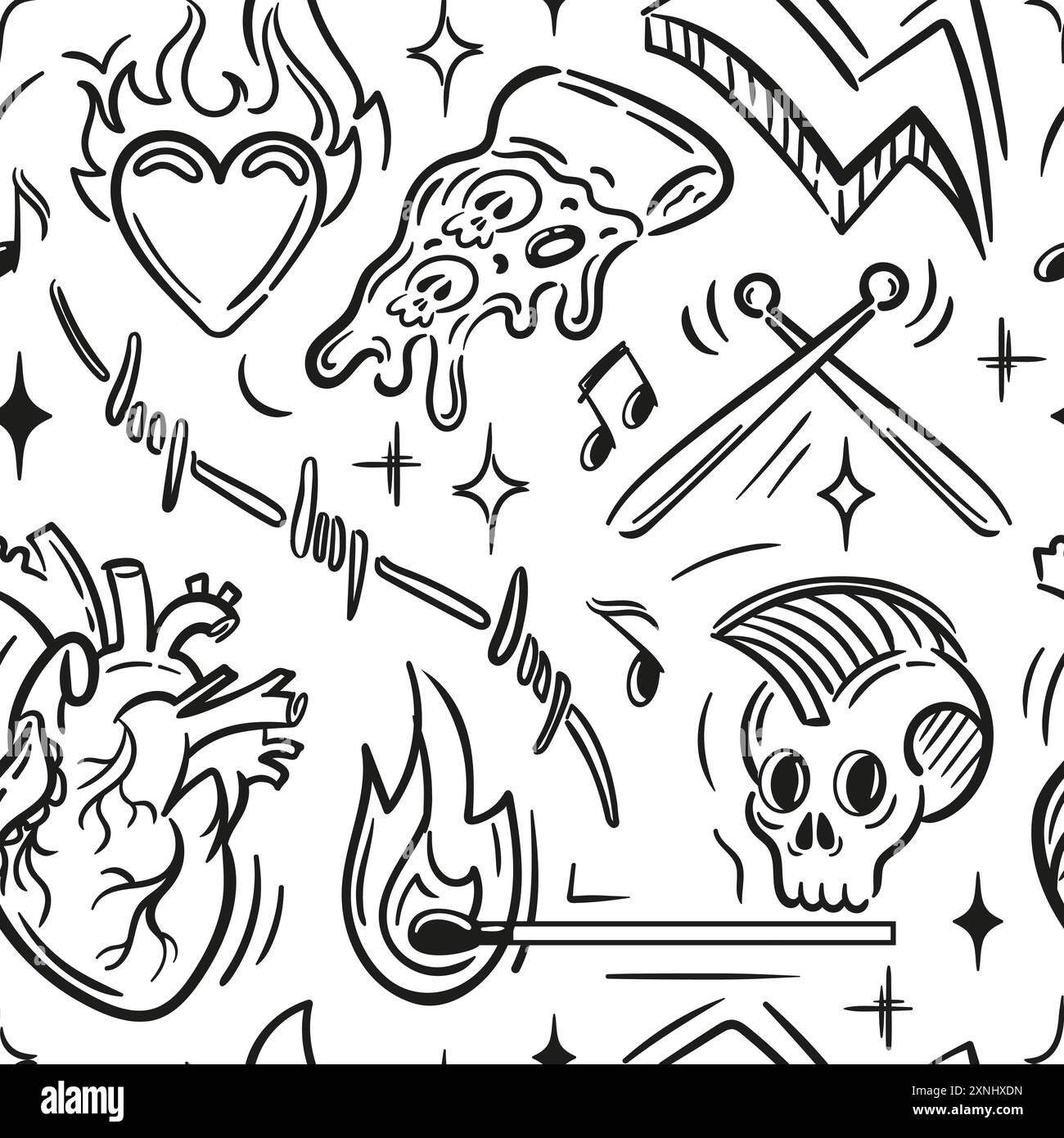 This seamless pattern mixes hearts, skulls, flames, and musical motifs, perfect for an edgy, contemporary design Stock Vector