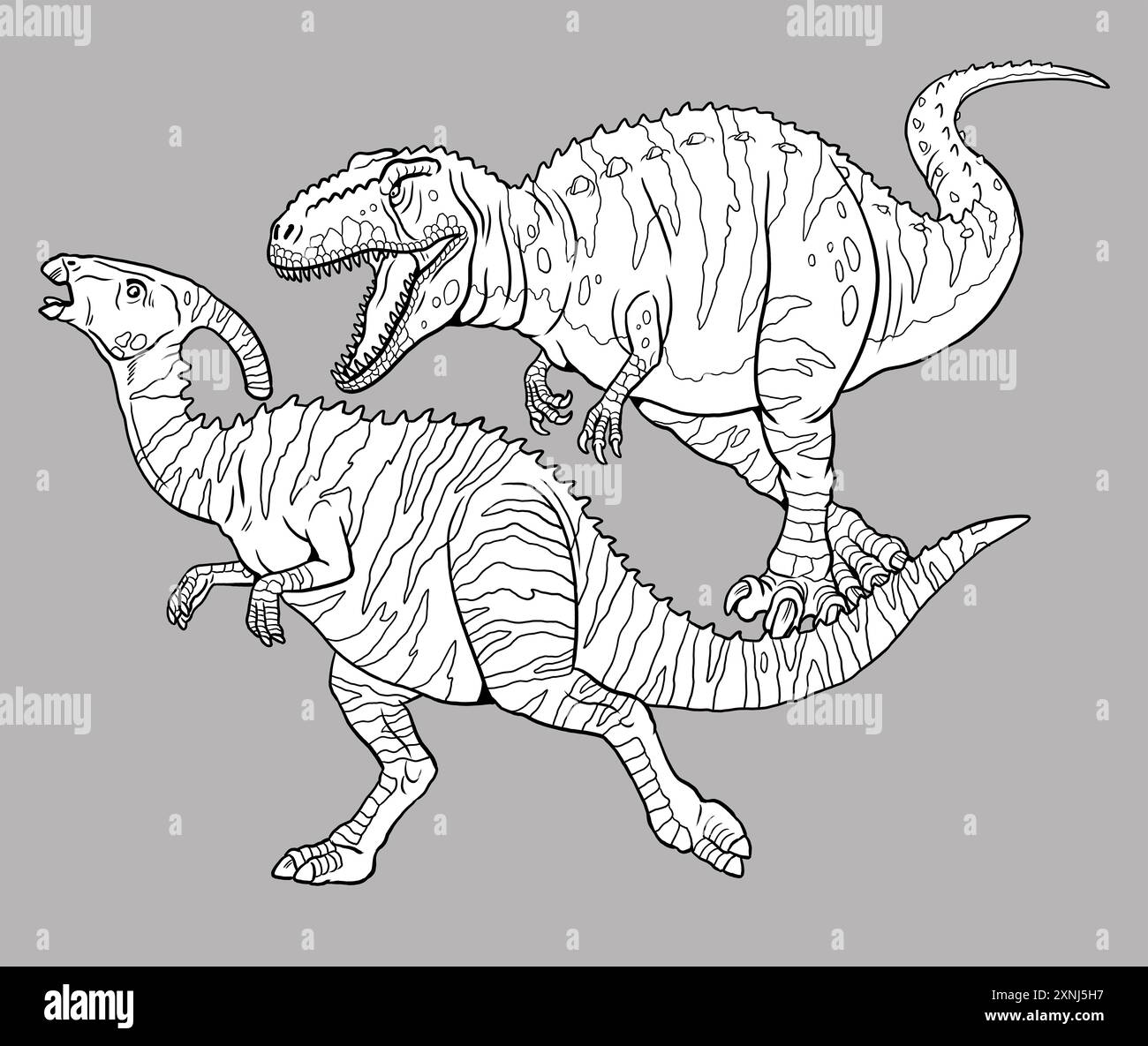 Dinosaur hunting. Giganotosaurus attacking the Parasaurolophus