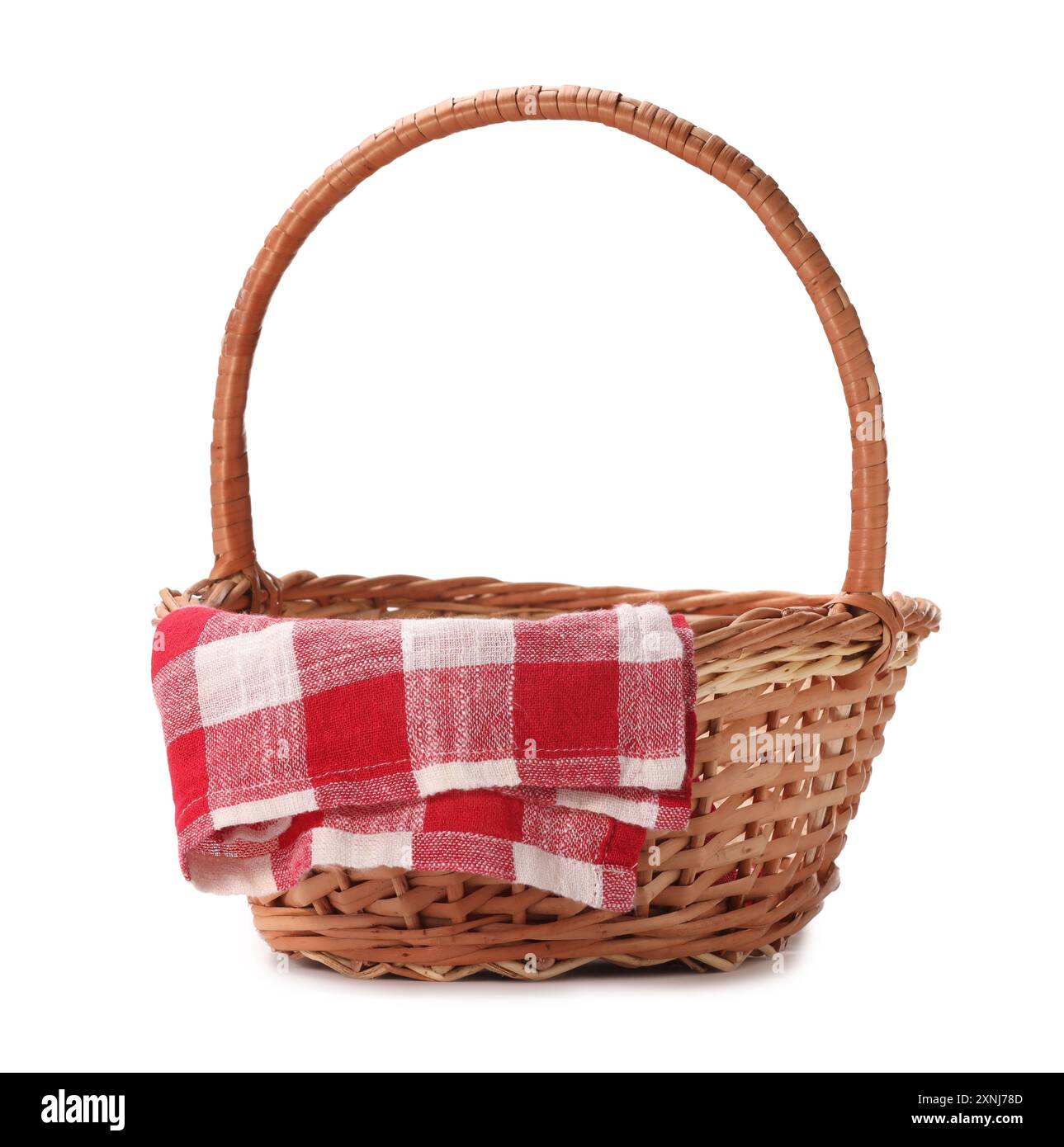 One picnic wicker basket with checkered napkin isolated on white Stock ...