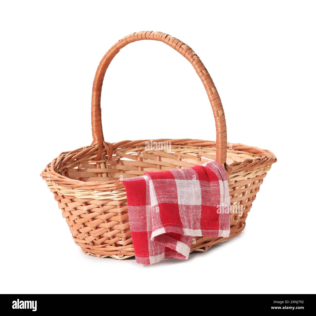 One picnic wicker basket with checkered napkin isolated on white Stock ...