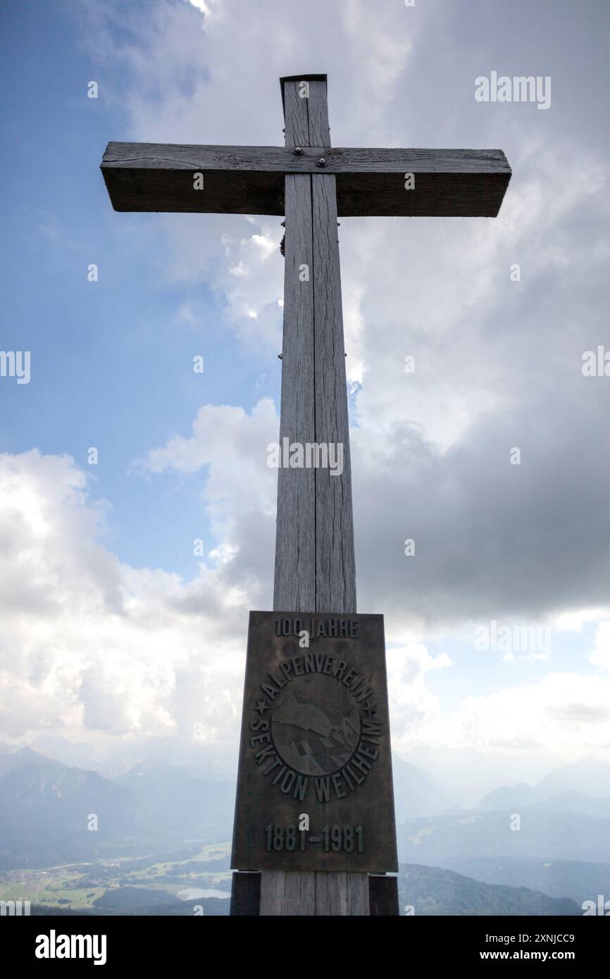 Krottenkopf mountain summit cross, Bavaria, Germany in springtime Stock Photo