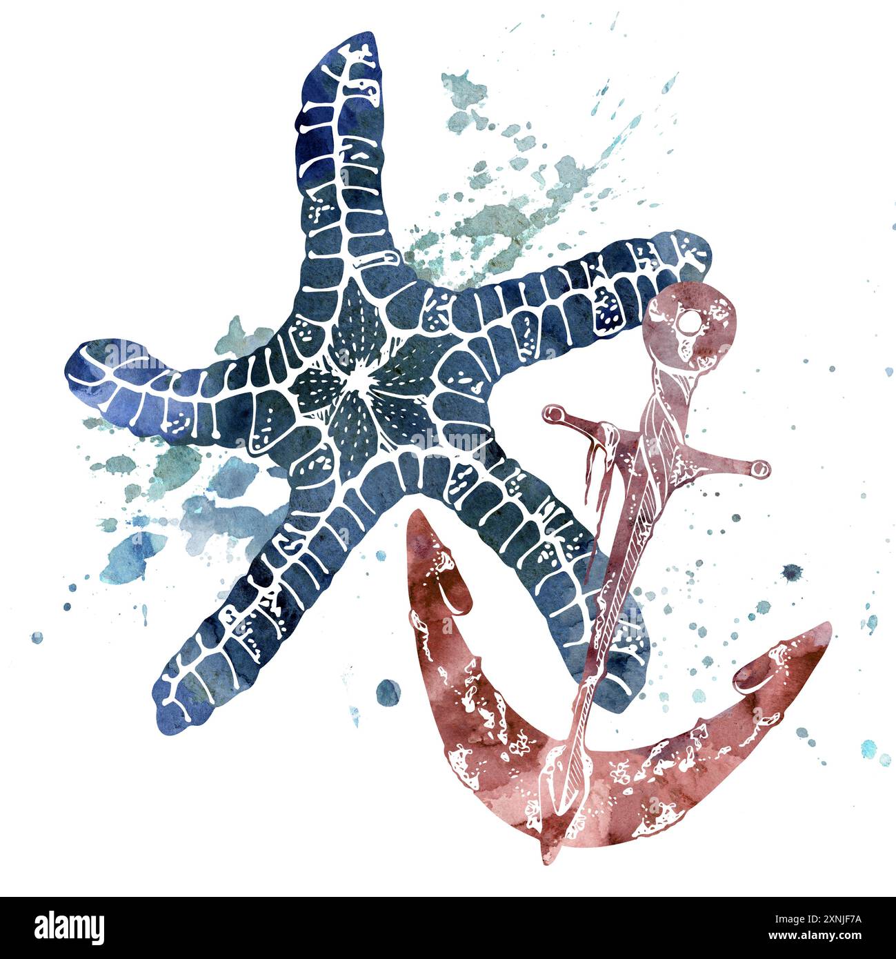Watercolor and ink hand drawn marine life, sea ocean underwater creatures. fish, shells algae seaweed. Composition illustration, stylized, isolated on Stock Photo